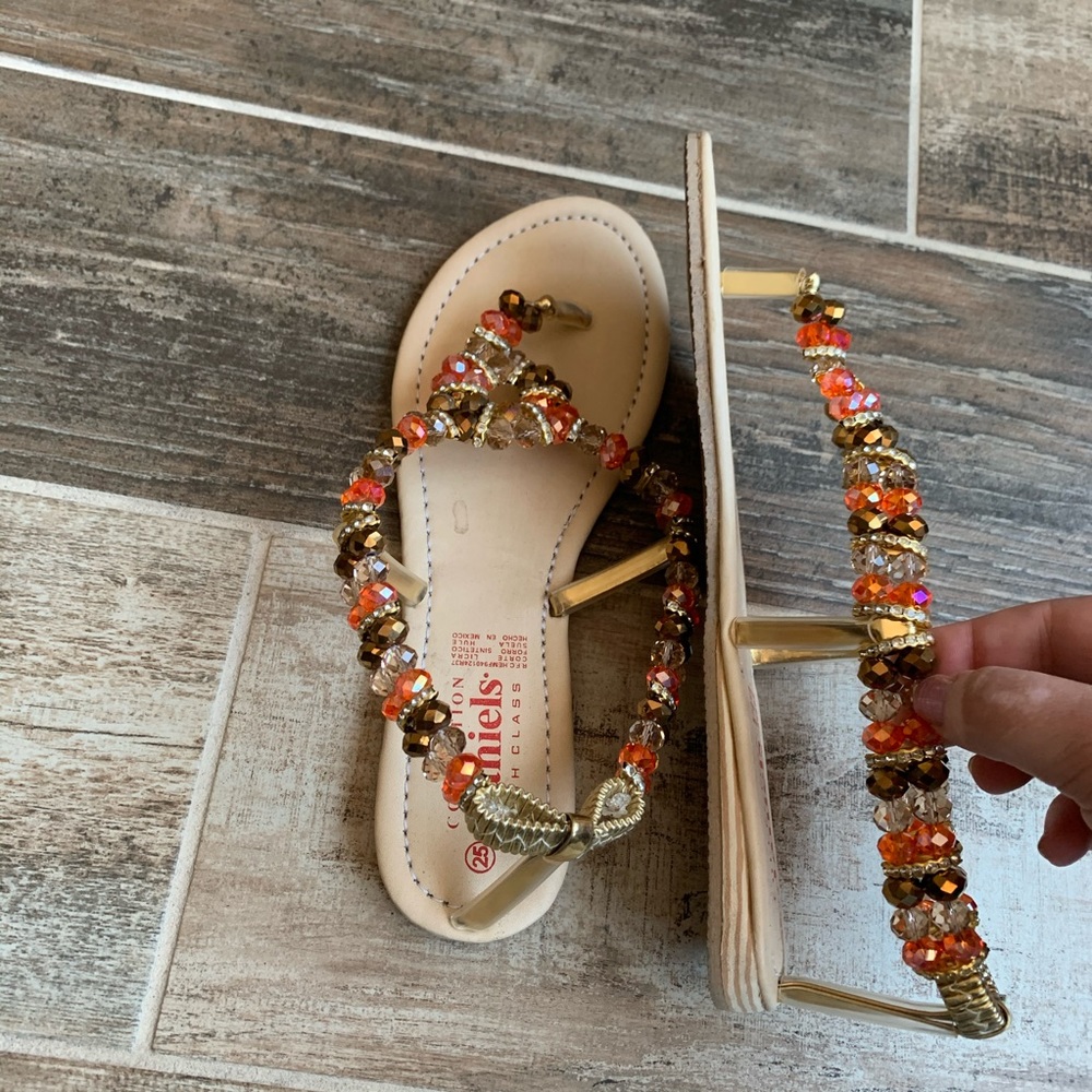 ✨SOLD Crystal Beaded Thong Sandals Orange & Brown - Picture 5 of 6